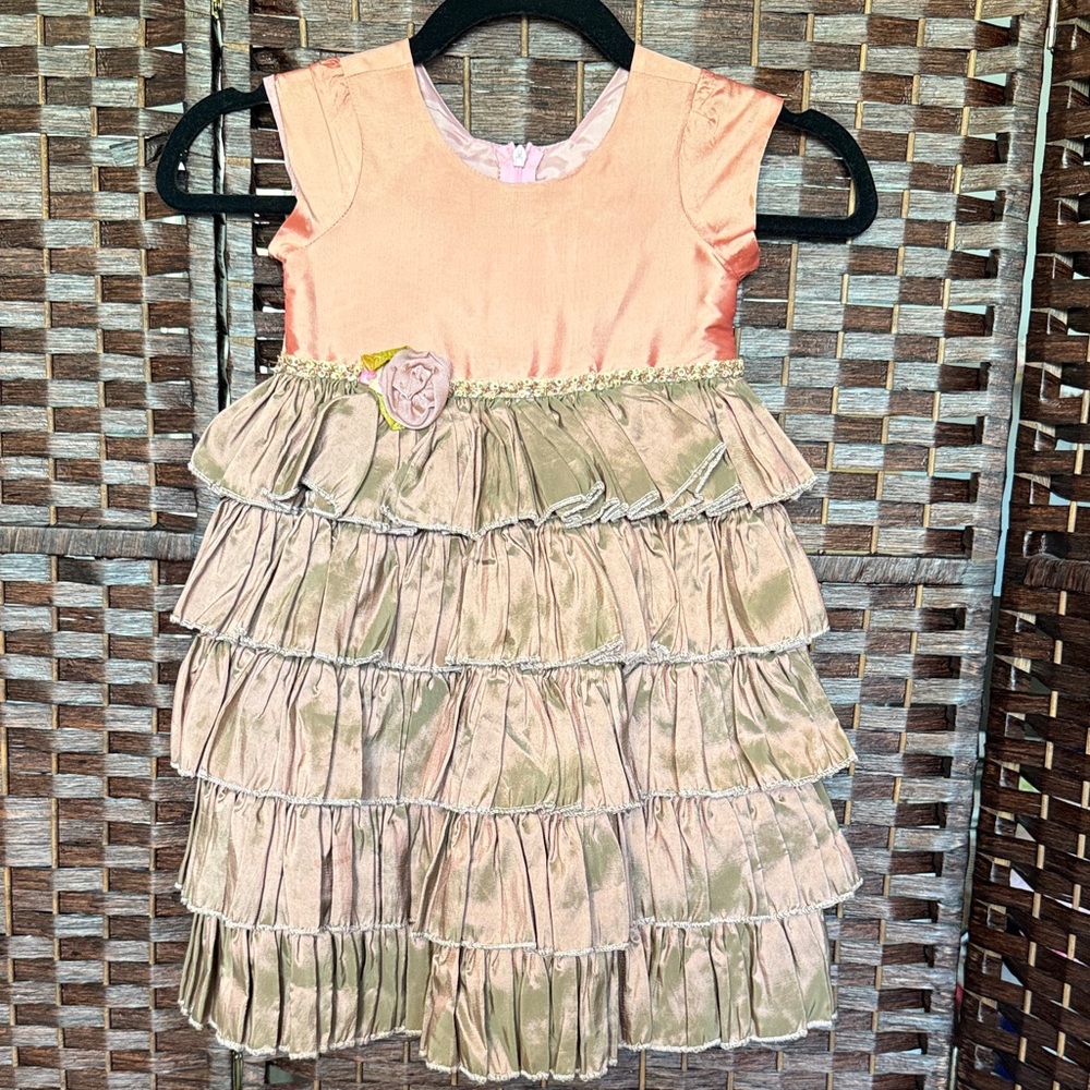 C’est Chouette Pink Rose Gold copper Ruffle Silk Dress girls 2T fancy